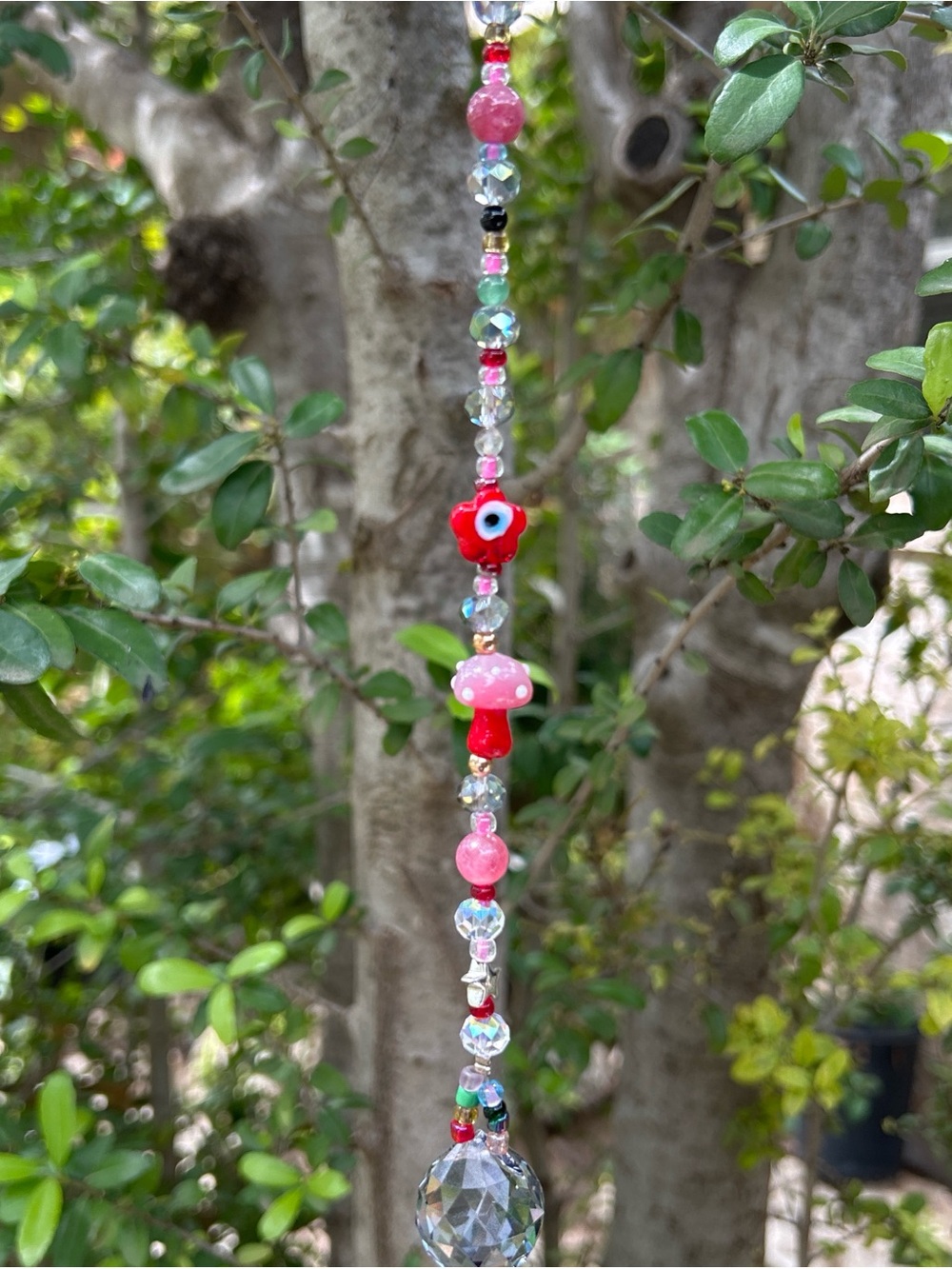 12.5” Pink & Red flower and mushroom Beaded Crystal strand Sun Catcher